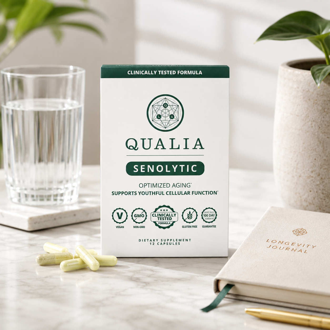 Qualia Senolytic box with capsules in a clean wellness setting.